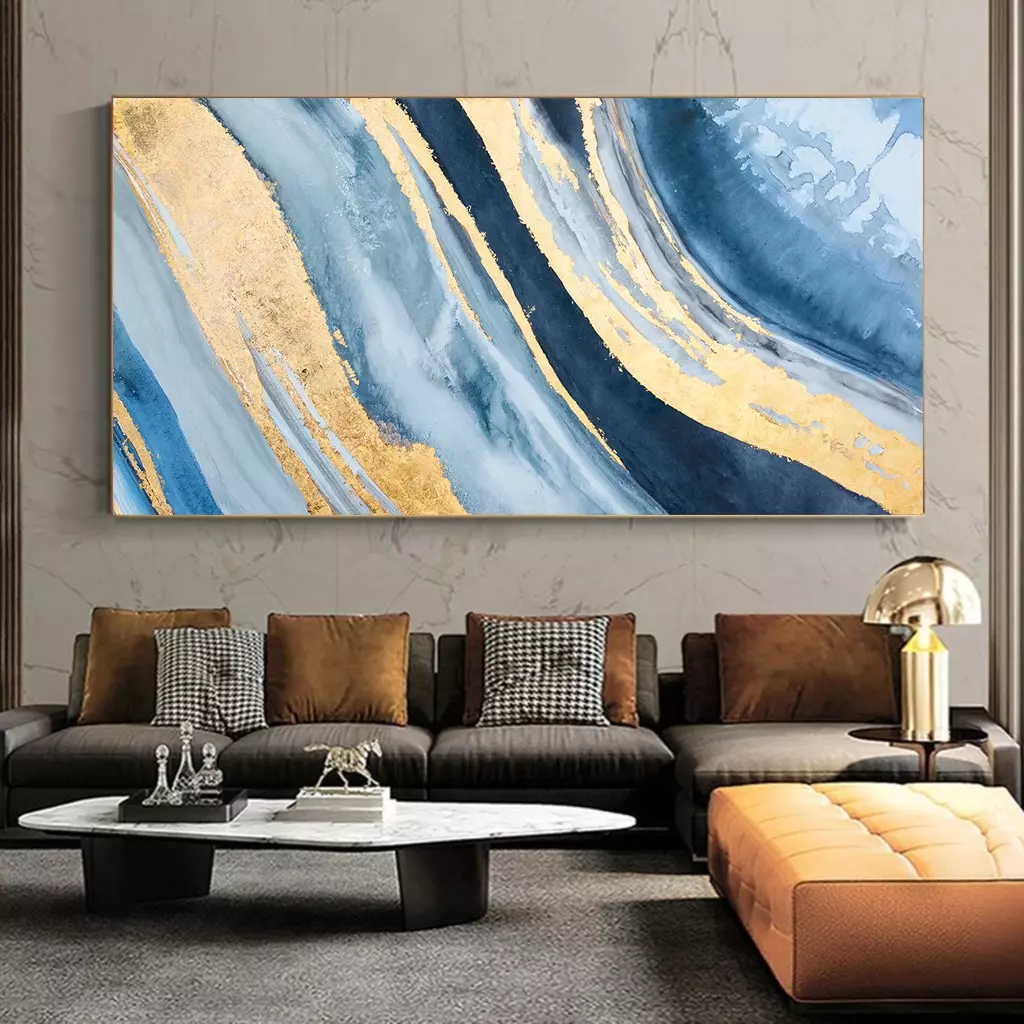 אבסטרקט גלים מודרני בגווני זהב וכחול